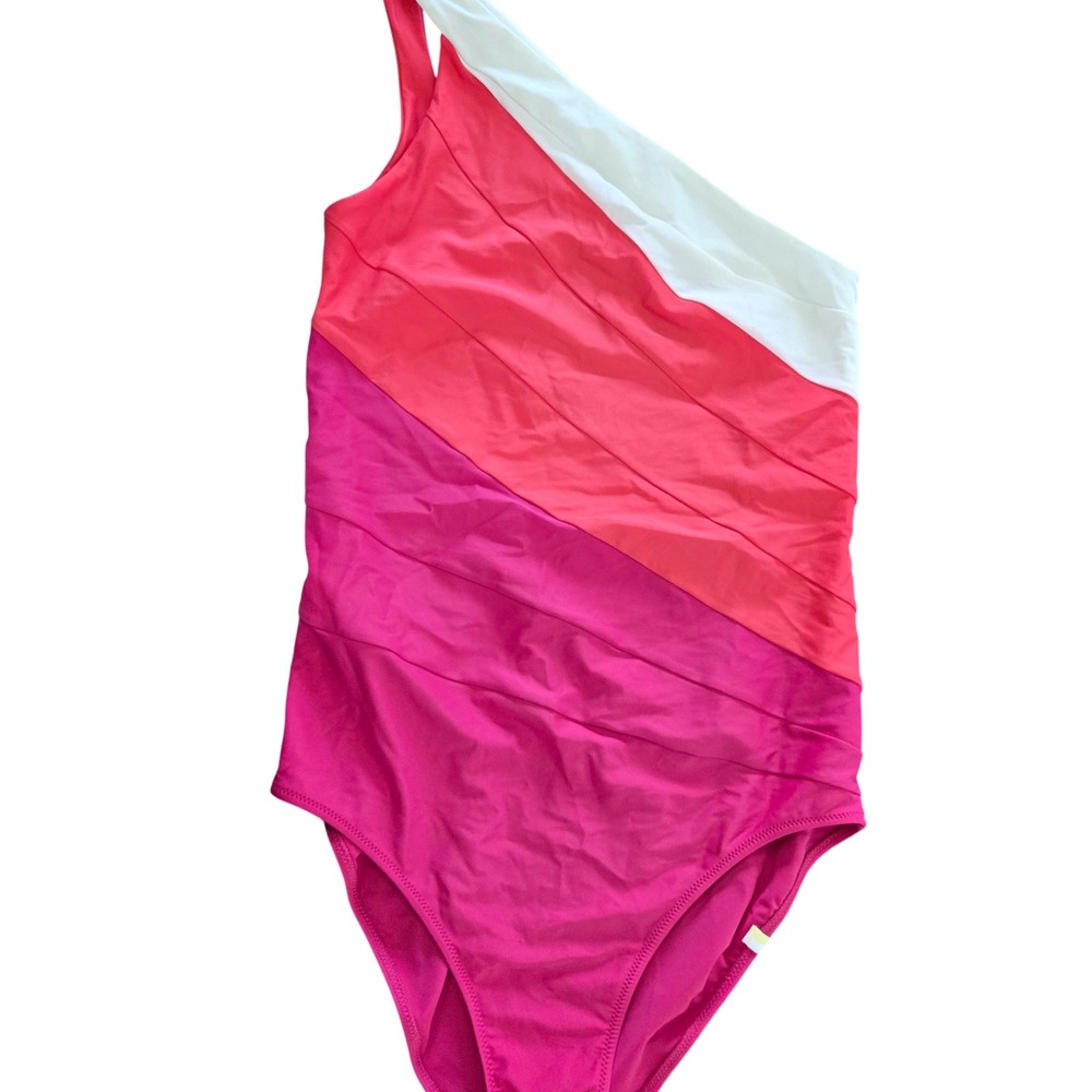 summersalt One-Shoulder Colorblock One-Piece in White, Coral & Fuchsia